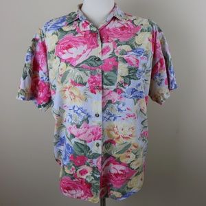 Floral Cotton Blouse Button Front Size Medium